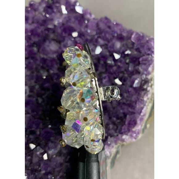 Half-Moon Clear Crystal, Aurora Borealis Pin in Silver plate, Vintage - Picture 3 of 4